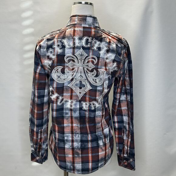 Affliction Shirt Mens Small Red Blue Plaid Live Fast Black Premium Western - Picture 1 of 13